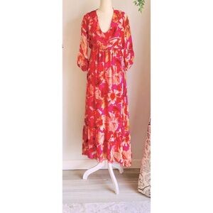 Lara G. Floral Boho Maxi Dress in ruffle layers 3\4 puff sleeves-- Large